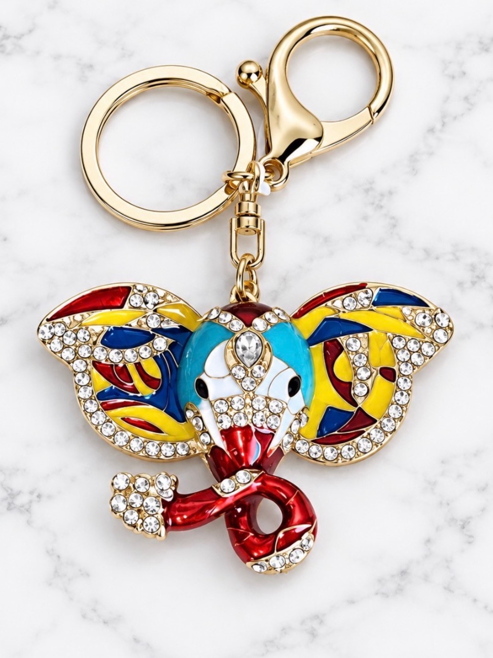 Gold-Tone-Multi Colored enamel Elephant Bag Charm/Keyring-White crystal accents